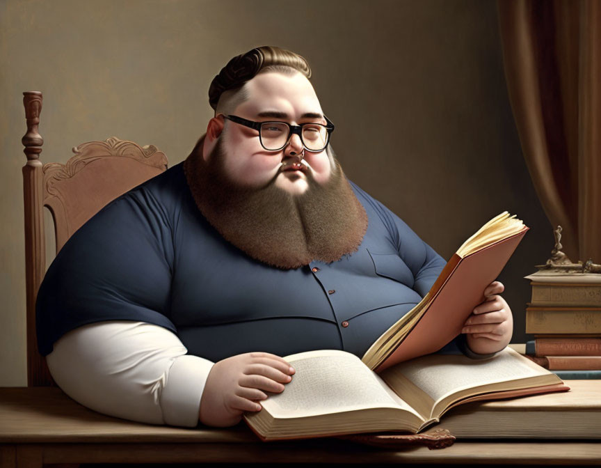 Illustration of plump man with beard and glasses reading book in elegant chair