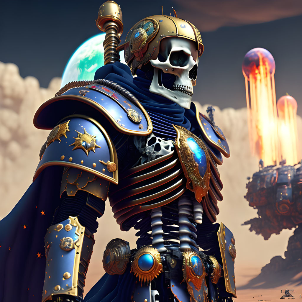 Futuristic skeleton warrior in blue and gold armor with surreal backdrop