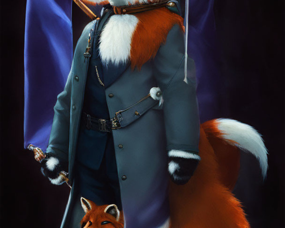 Anthropomorphic fox in military uniform with flag and realistic fox on dark background.