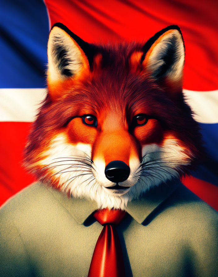 Digital artwork: Fox head with human-like features in suit and tie on UK flag backdrop