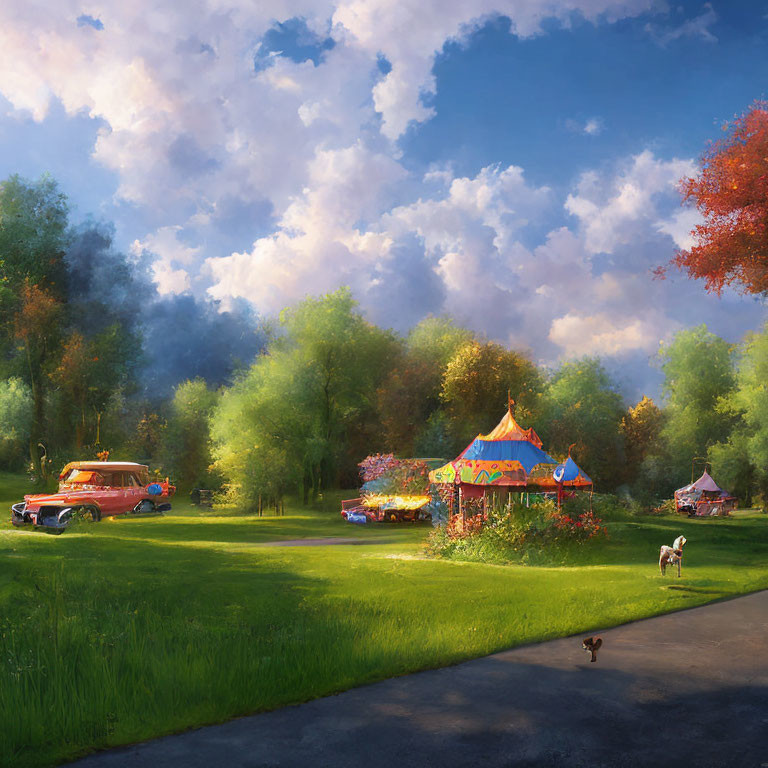 Lush park scene with trees, merry-go-round, vintage cars, and dog on path