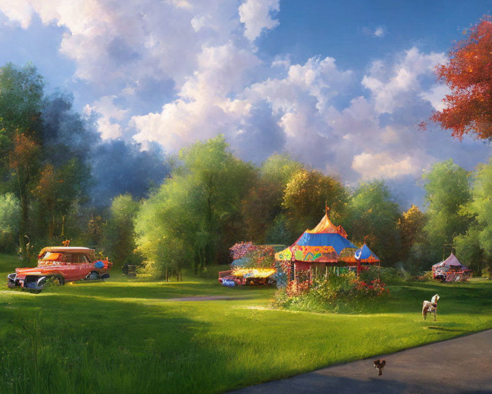 Lush park scene with trees, merry-go-round, vintage cars, and dog on path