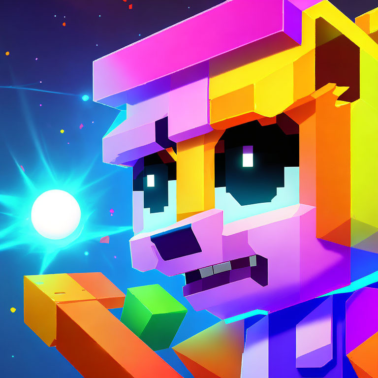 Pixelated digital art: Vibrant character face with neon colors on cosmic backdrop