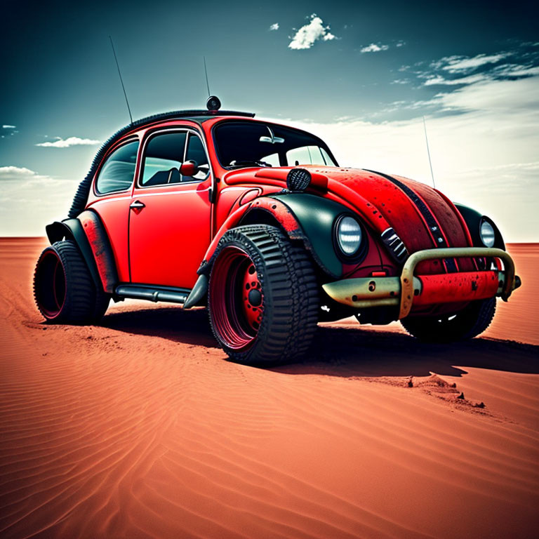 Modified vintage Volkswagen Beetle with chunky off-road tires in sandy desert landscape