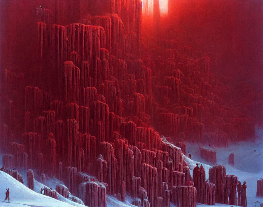 Fantasy landscape with towering ice formations and small figures under a red sky.