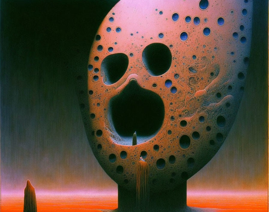 Surreal artwork: porous moon-like mask, red landscape, two figures