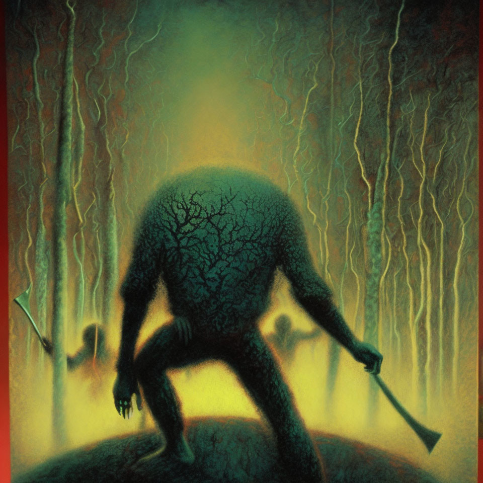 Tree-like textured figure with shovel in vibrant, eerie forest