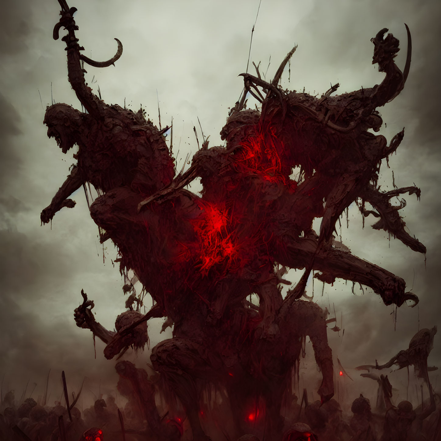 Ominous heart-like mass surrounded by twisted humanoid figures under red glow