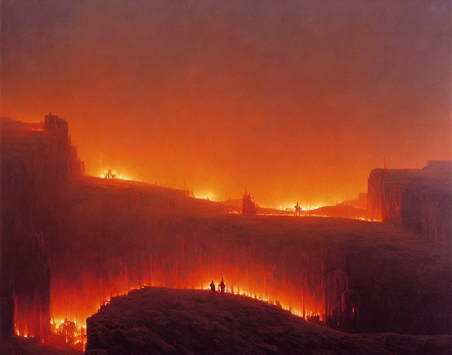 Fiery Orange Skies Over Silhouetted Figures on Devastated Terrain