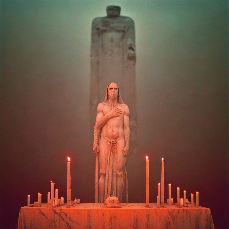 Person standing by draped statue with candles in dimly lit setting