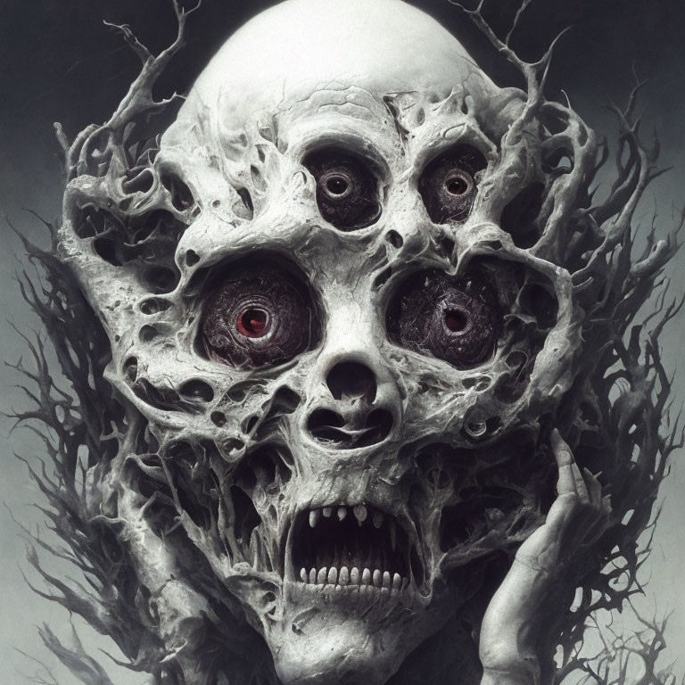 Surreal artwork of skull with red eyes embraced by twisted tree-like forms