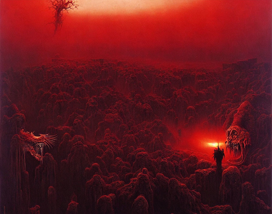 Eerie red landscape with skeletal figures and large skull emitting light