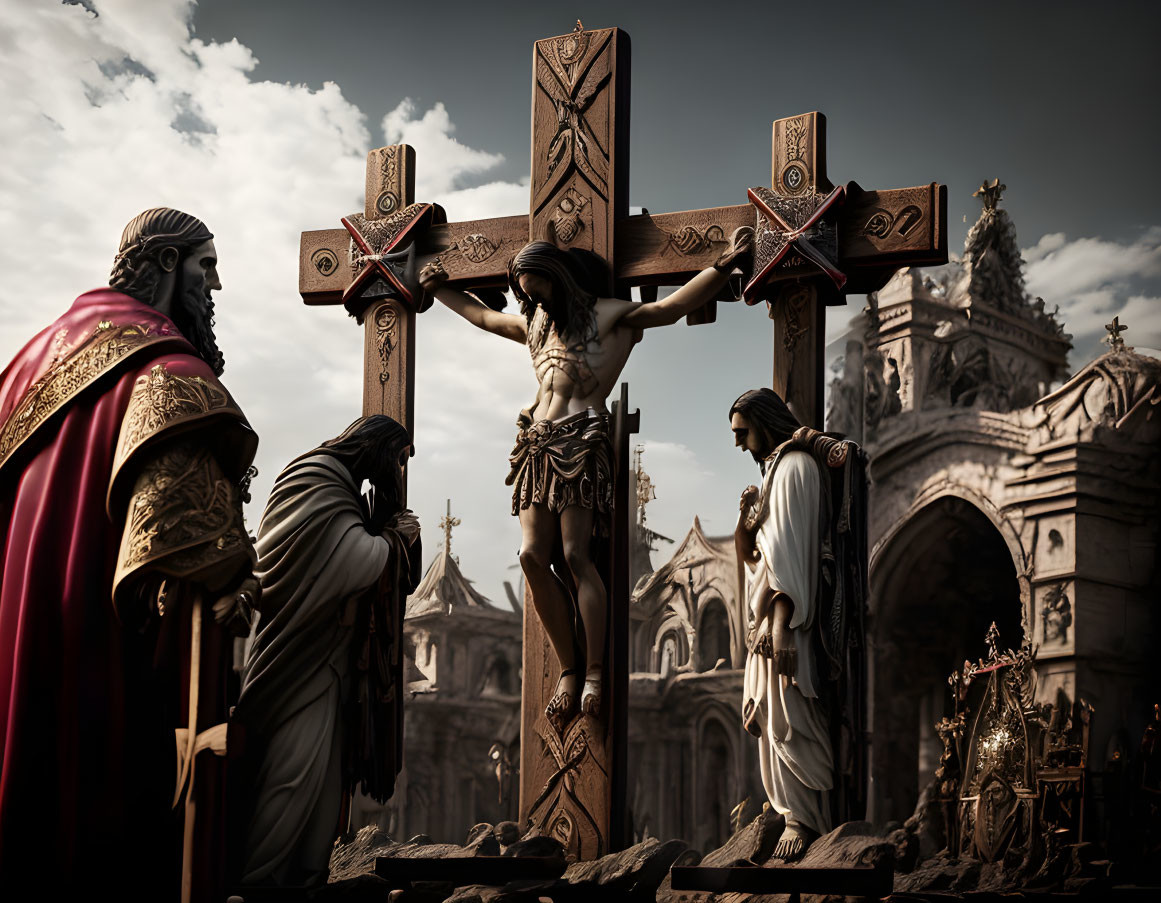 Dramatic crucifixion scene with mourners and onlookers