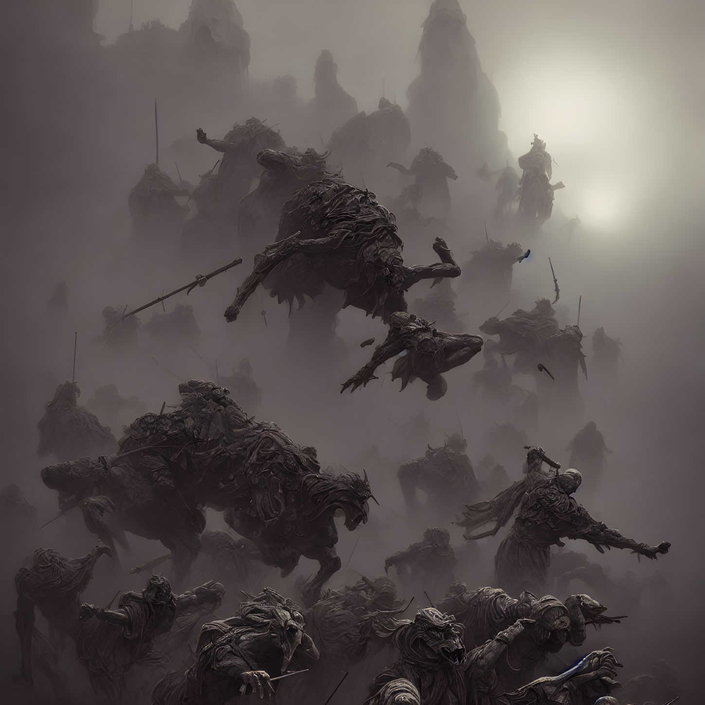 Monochromatic fantasy painting of shadowy warriors on beastly creatures