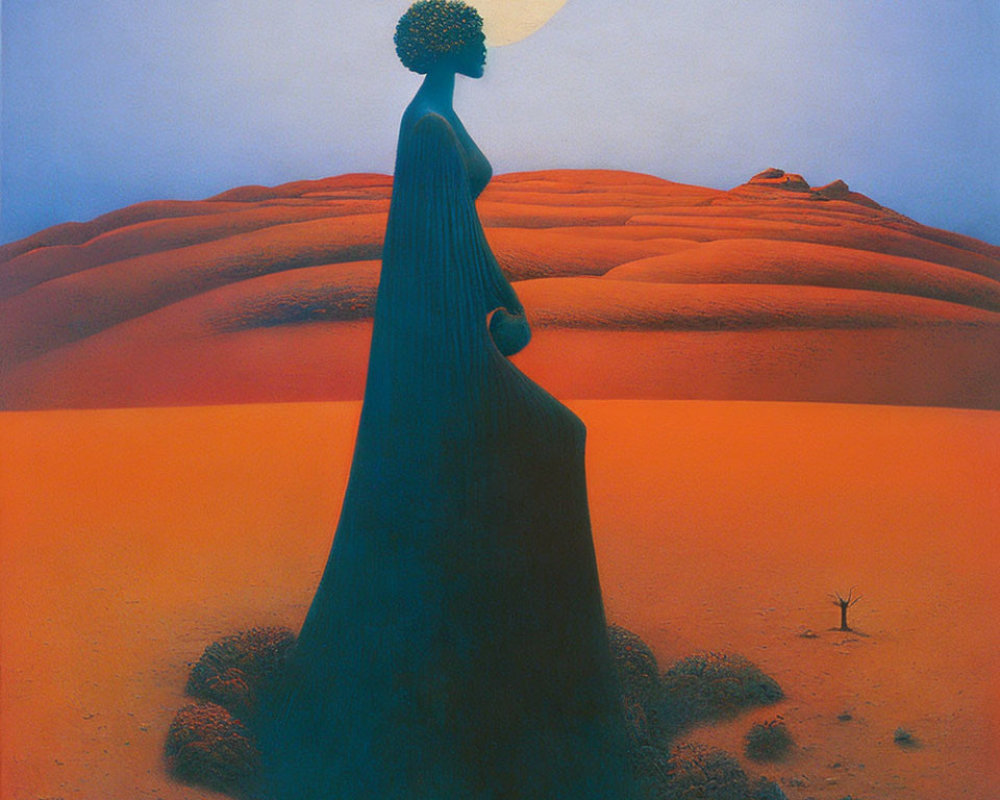 Stylized painting of woman merged with desert landscape at sunset