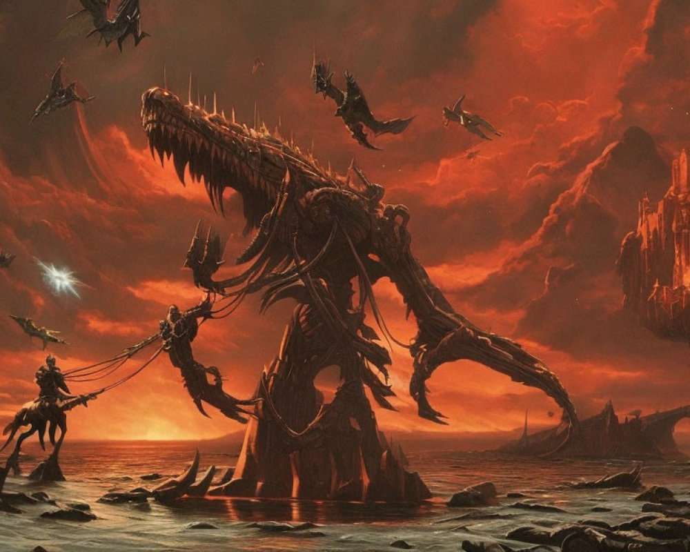 Fantasy artwork: Colossal monster in fiery landscape with warriors on flying creatures.