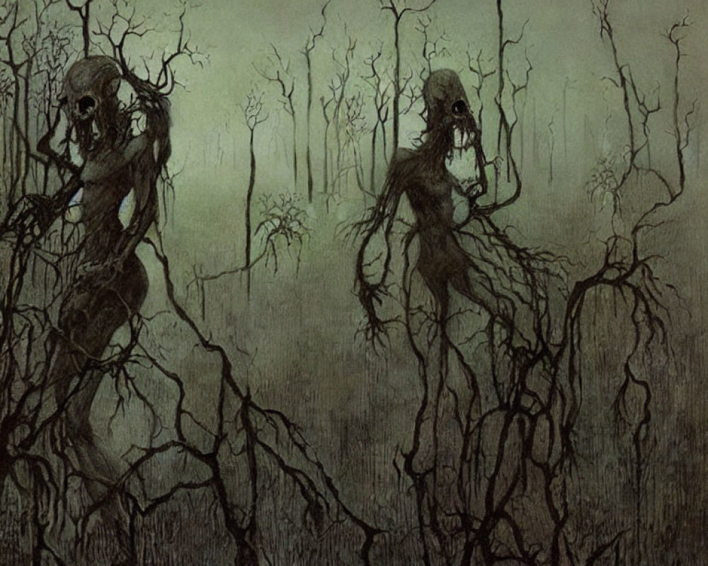 Gothic illustration of humanoid figures in dark forest