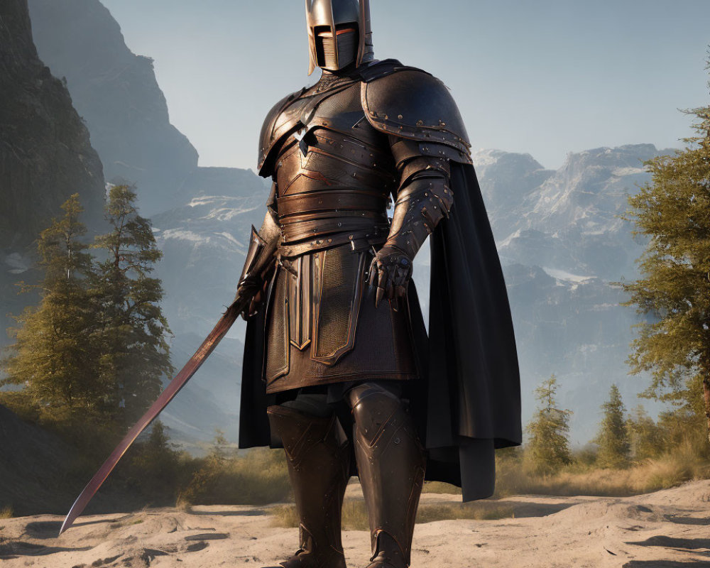 Armored knight with sword in rugged landscape with mountains and clear sky