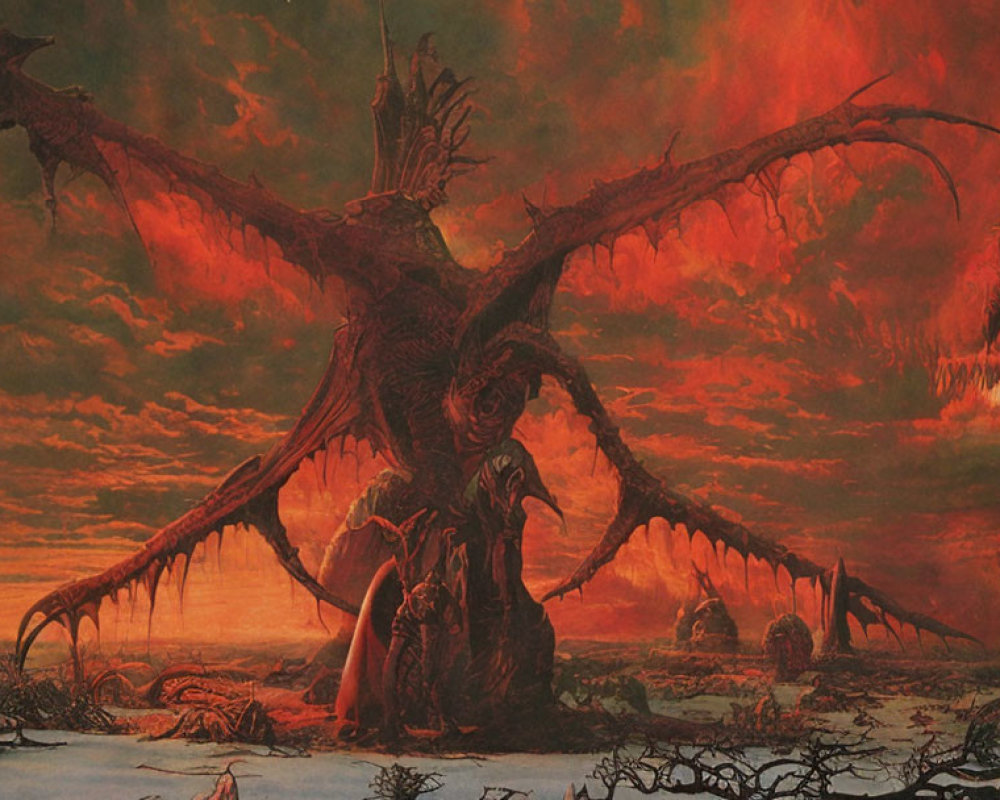 Majestic fiery red dragon in desolate landscape