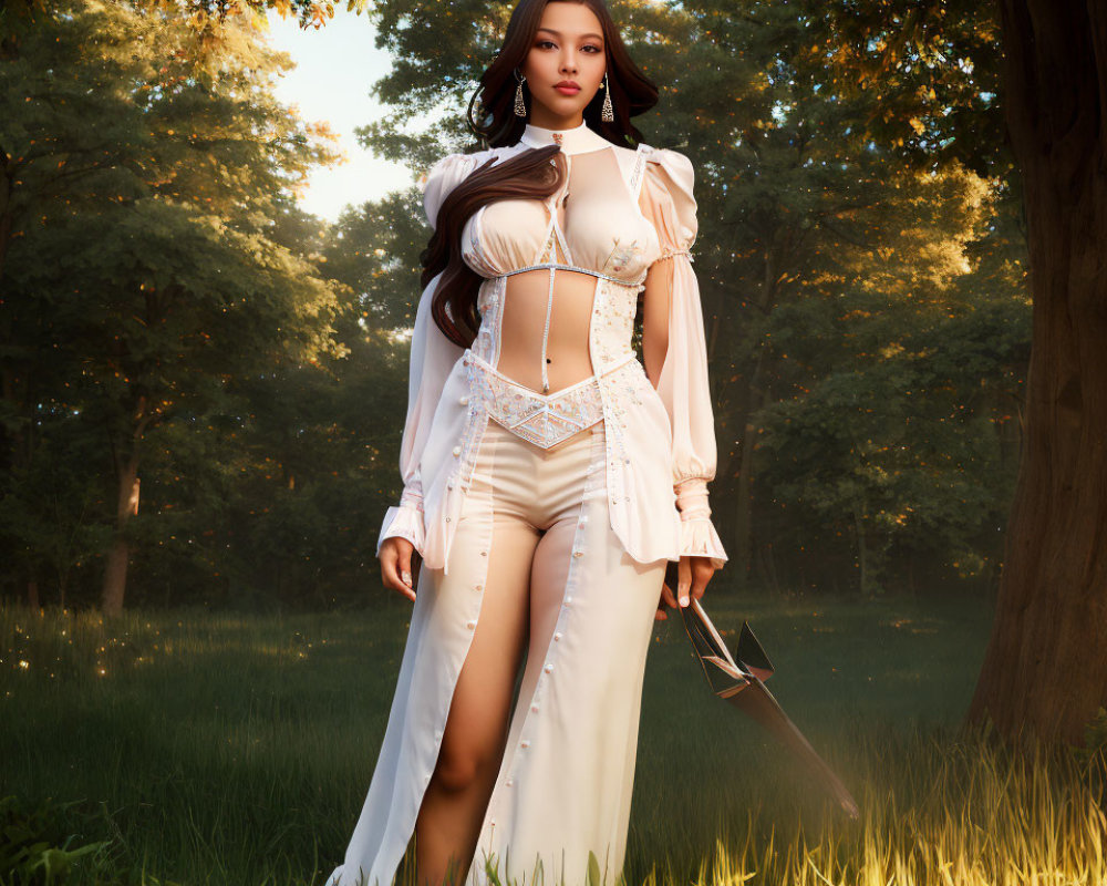 Digital artwork of woman in white fantasy outfit in serene forest clearing