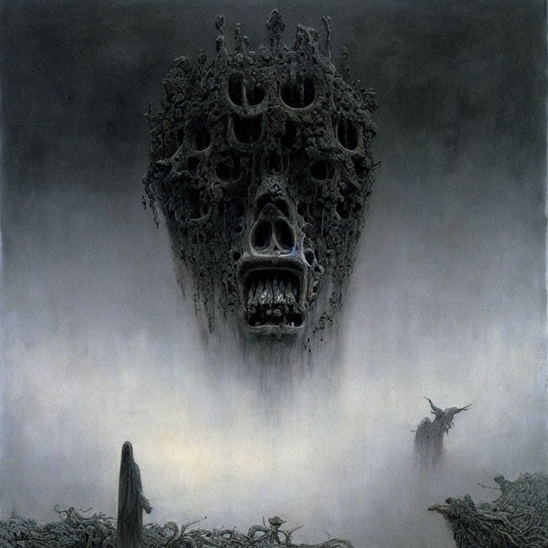 Mysterious painting of cloaked figure and skull tower in misty landscape