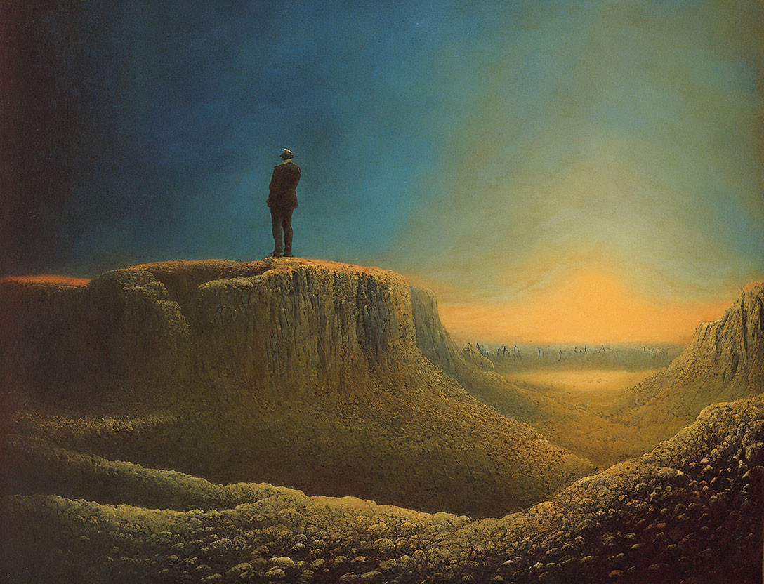 Solitary Figure on High Promontory Overlooking Foggy Landscape