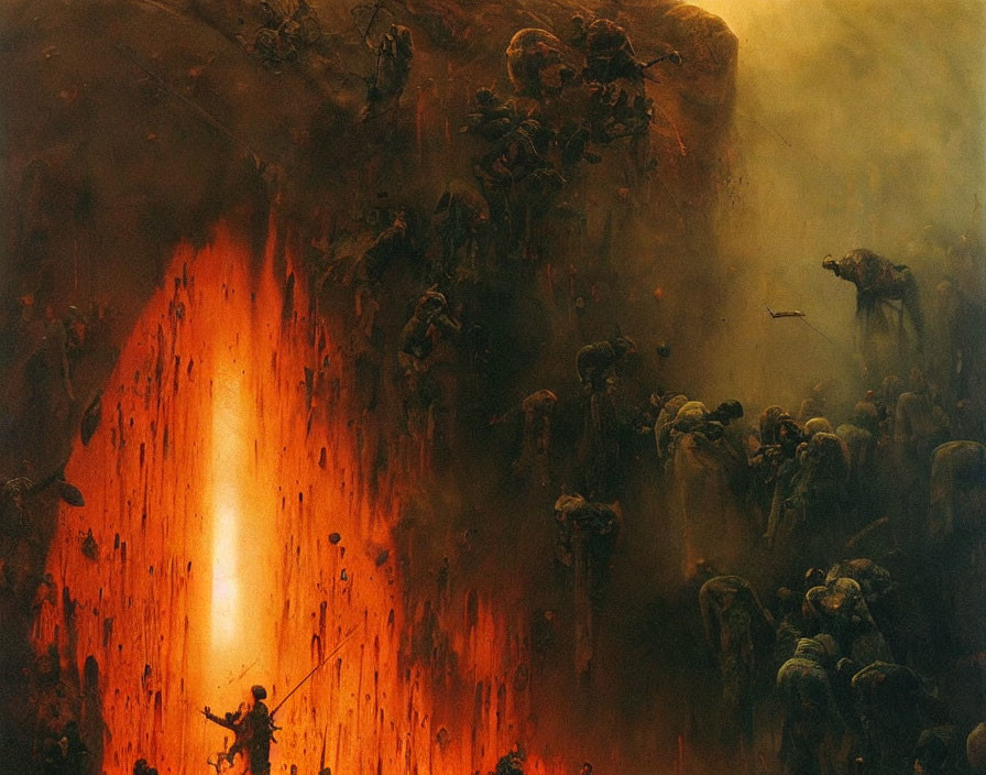 Warriors battle in fiery chasm with ominous glow