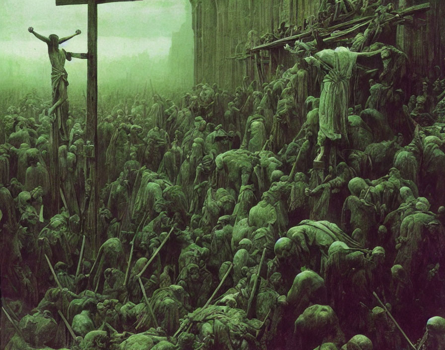 Bleak green-tinged painting of crucifixions in desolate landscape