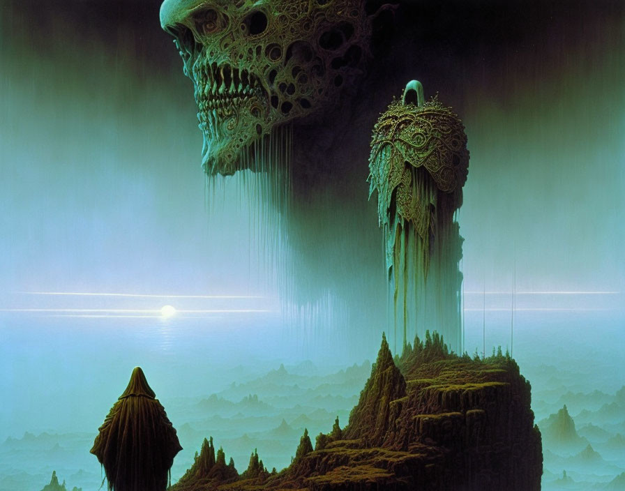 Surreal landscape featuring skull-shaped mountain and robed figures