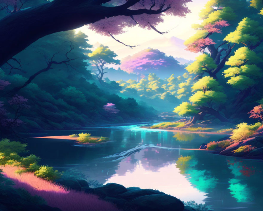 Colorful Animated Forest Scene with River and Blossoming Trees