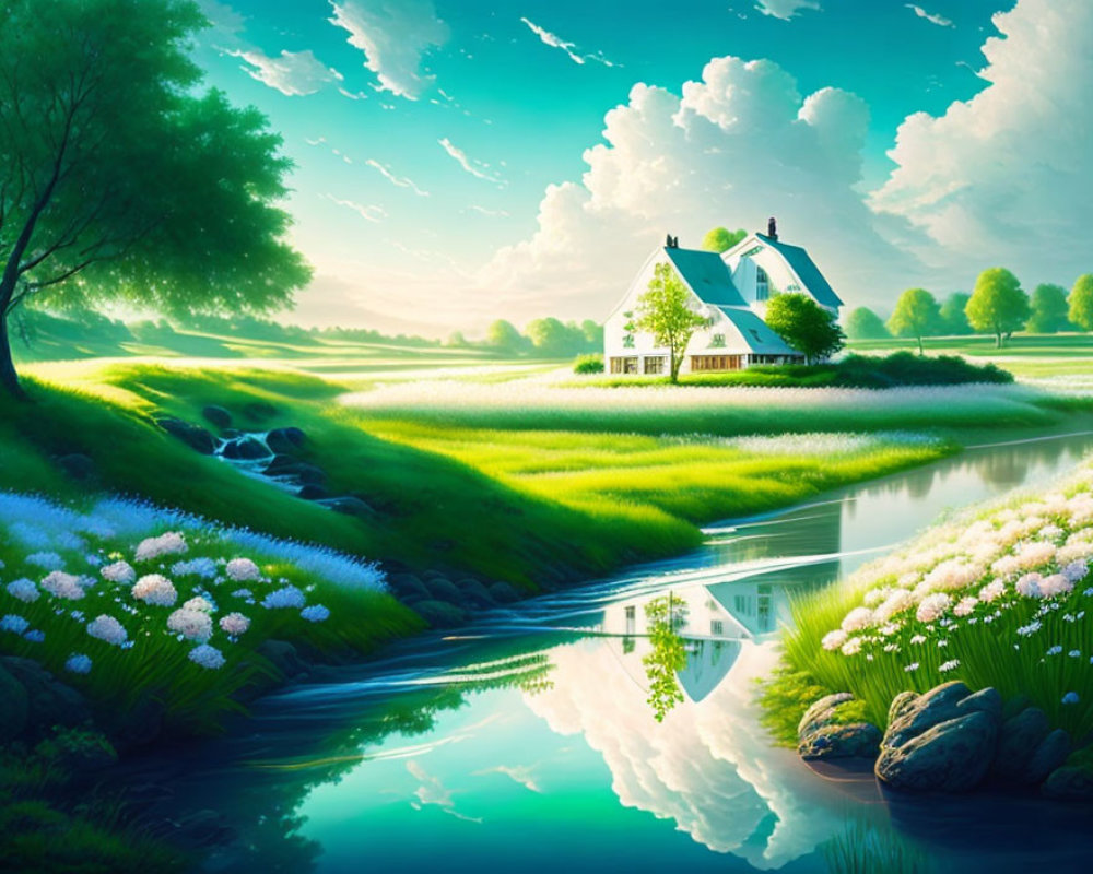 Tranquil countryside scene with stream, house, greenery, flowers, and sky