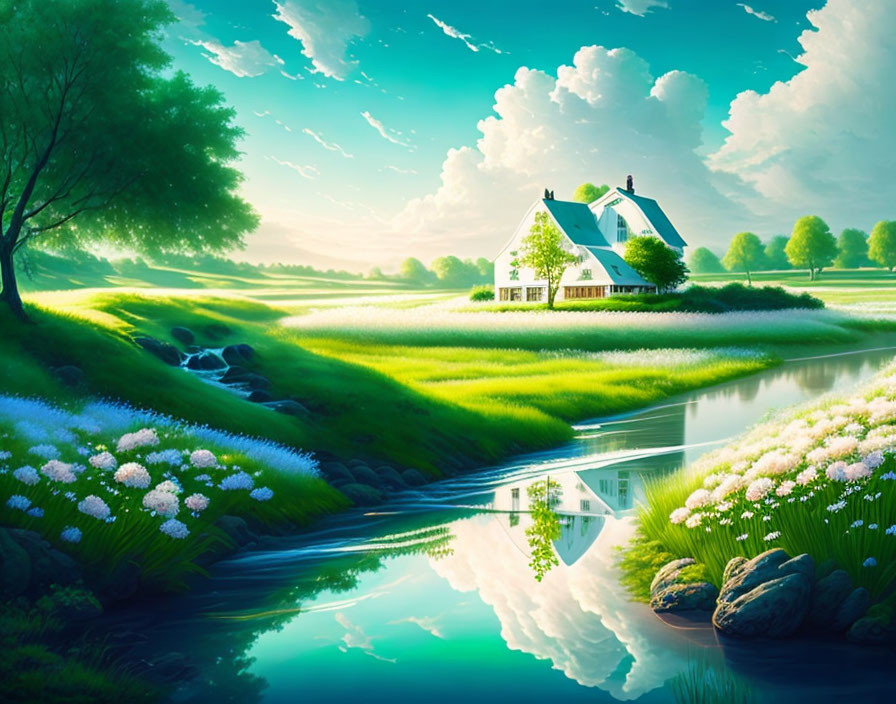 Tranquil countryside scene with stream, house, greenery, flowers, and sky