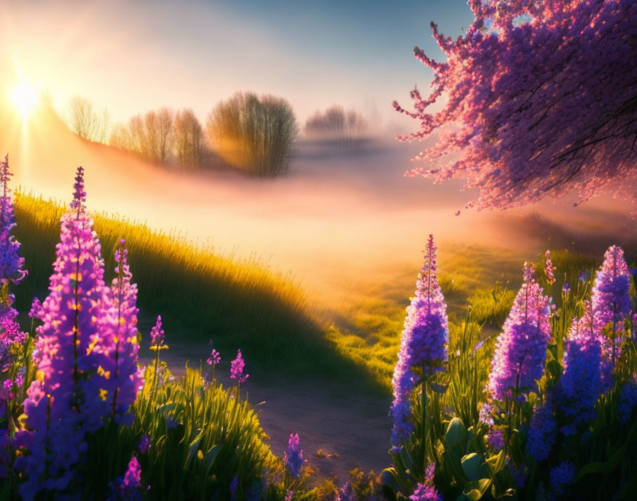 Tranquil sunrise scene with cherry tree and purple flowers