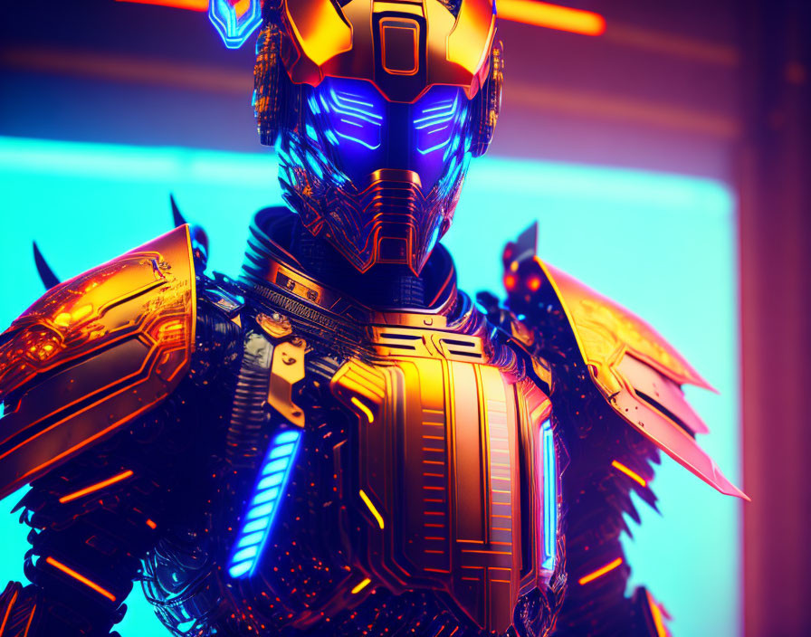 Futuristic armored robot with glowing lights in orange and blue