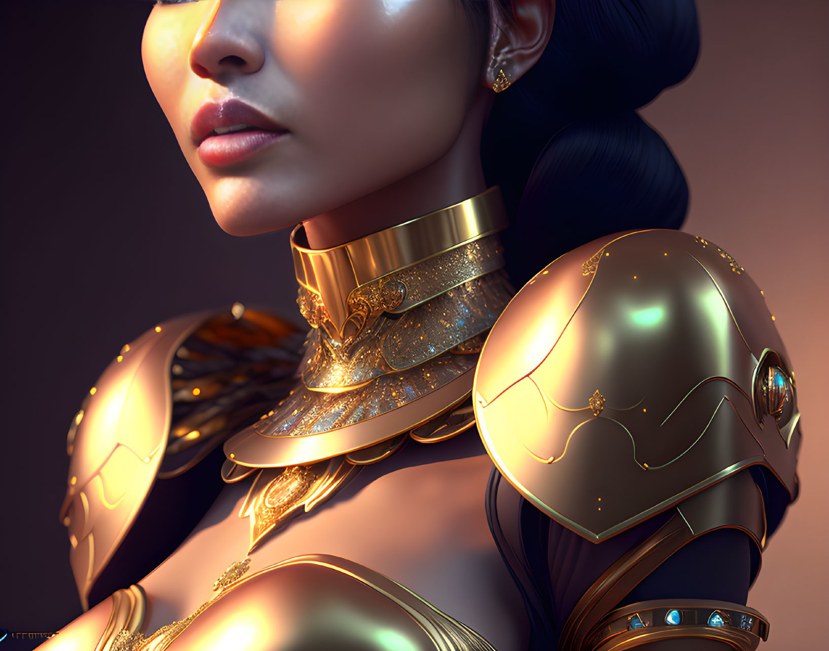 Close-up of woman in elegant sci-fi armor with gold trimmings and glowing elements