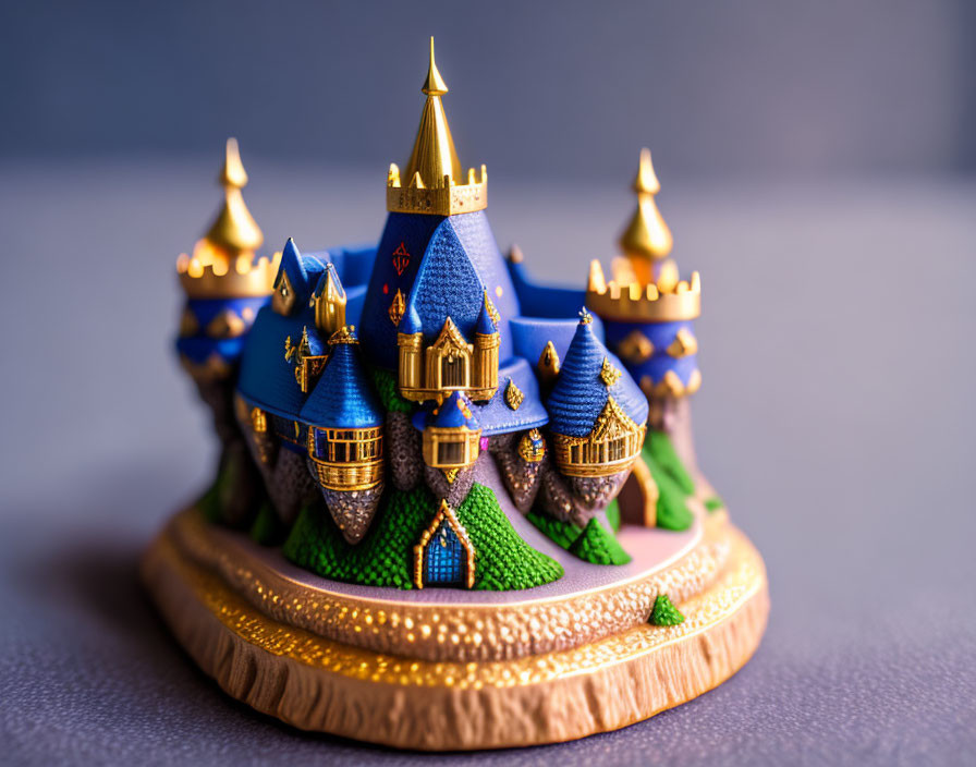 Miniature fairy tale castle with blue roofs and golden details on circular base