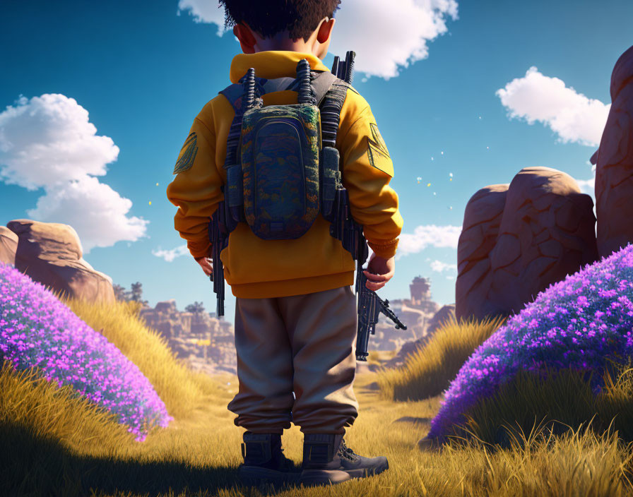 Child with backpack in field of purple flowers and rocky terrain under blue sky