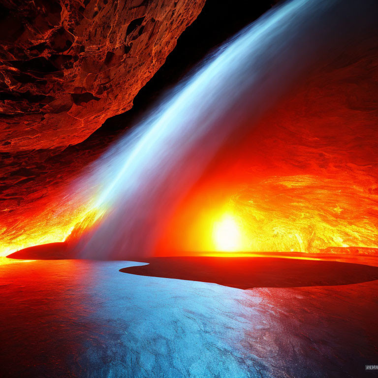 Vibrant cave with red-hot lava and blue reflective surface