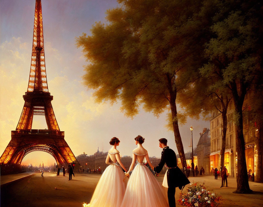 Elegant women and military man near Eiffel Tower at sunset