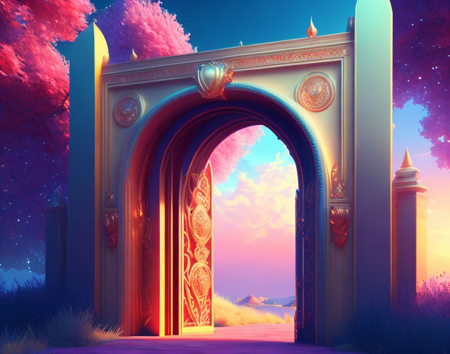 Open archway frames serene landscape at sunset