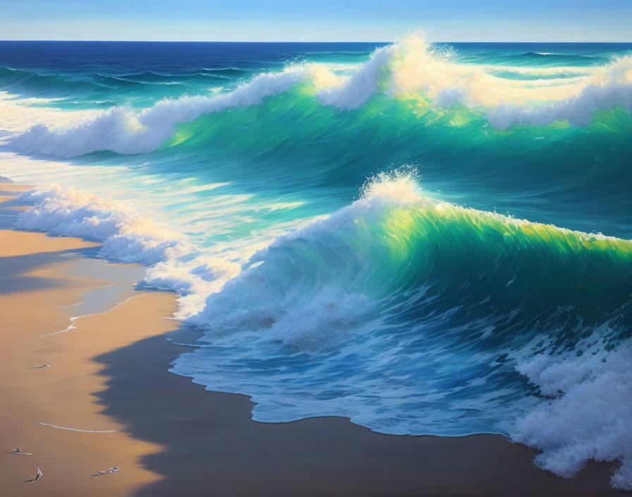 Sandy beach with emerald waves, white foam, and seagulls under clear sky