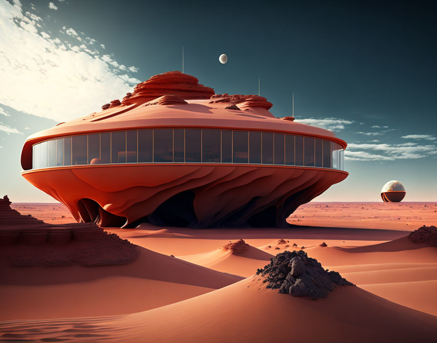 Futuristic mushroom-shaped building in desert landscape with hazy sky and distant moon.