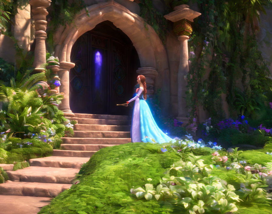 Character in Blue Gown with Sword at Ornate Door in Enchanted Garden