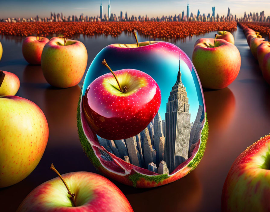 Surreal image of apples with urban skyline reflection