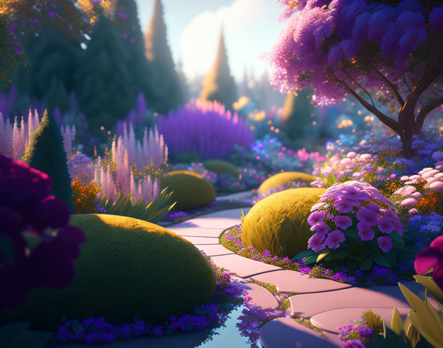 Lush garden path with purple and pink flowers at sunset