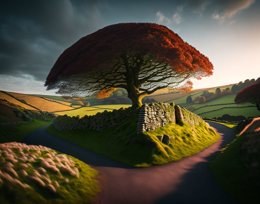 Solitary tree with red leaves on grassy hill near winding road and stone walls under dramatic sky