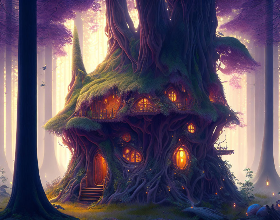 Whimsical treehouse in enchanted forest with glowing windows