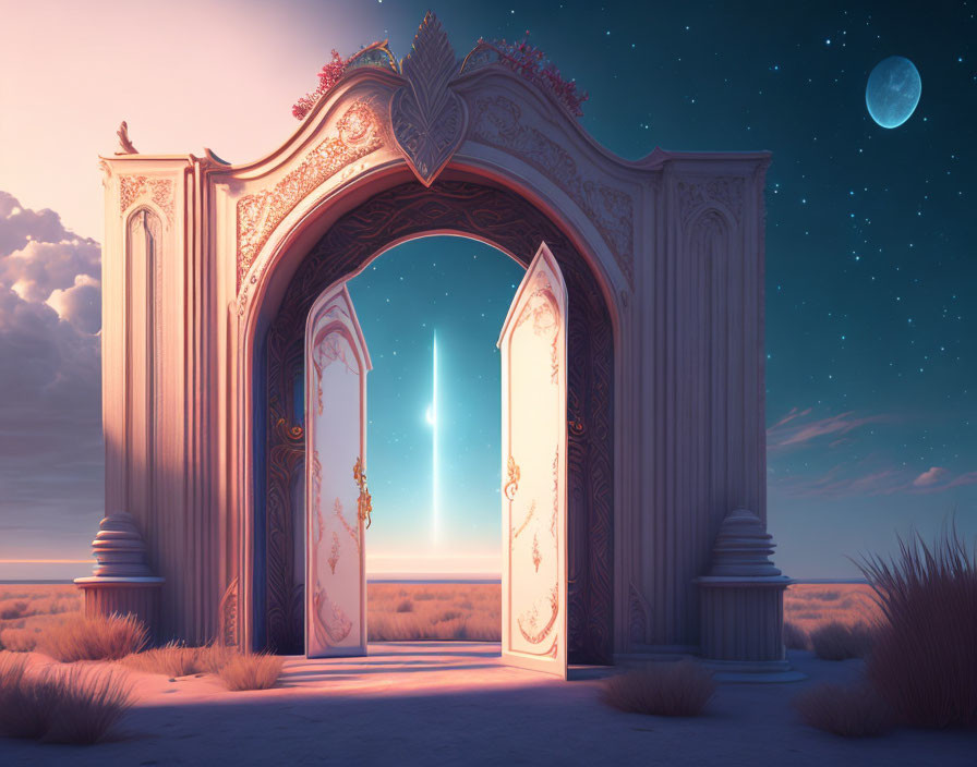 Ornate gate in desert leads to ethereal twilight realm