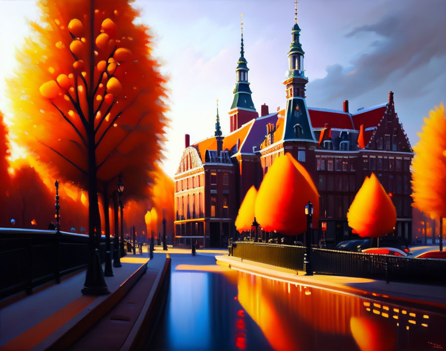 Cityscape painting: Sunset with orange trees, canal, historic buildings, and green spires.