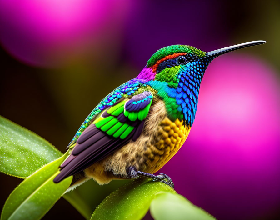 Colorful Hummingbird Perched on Leaf with Purple Flowers